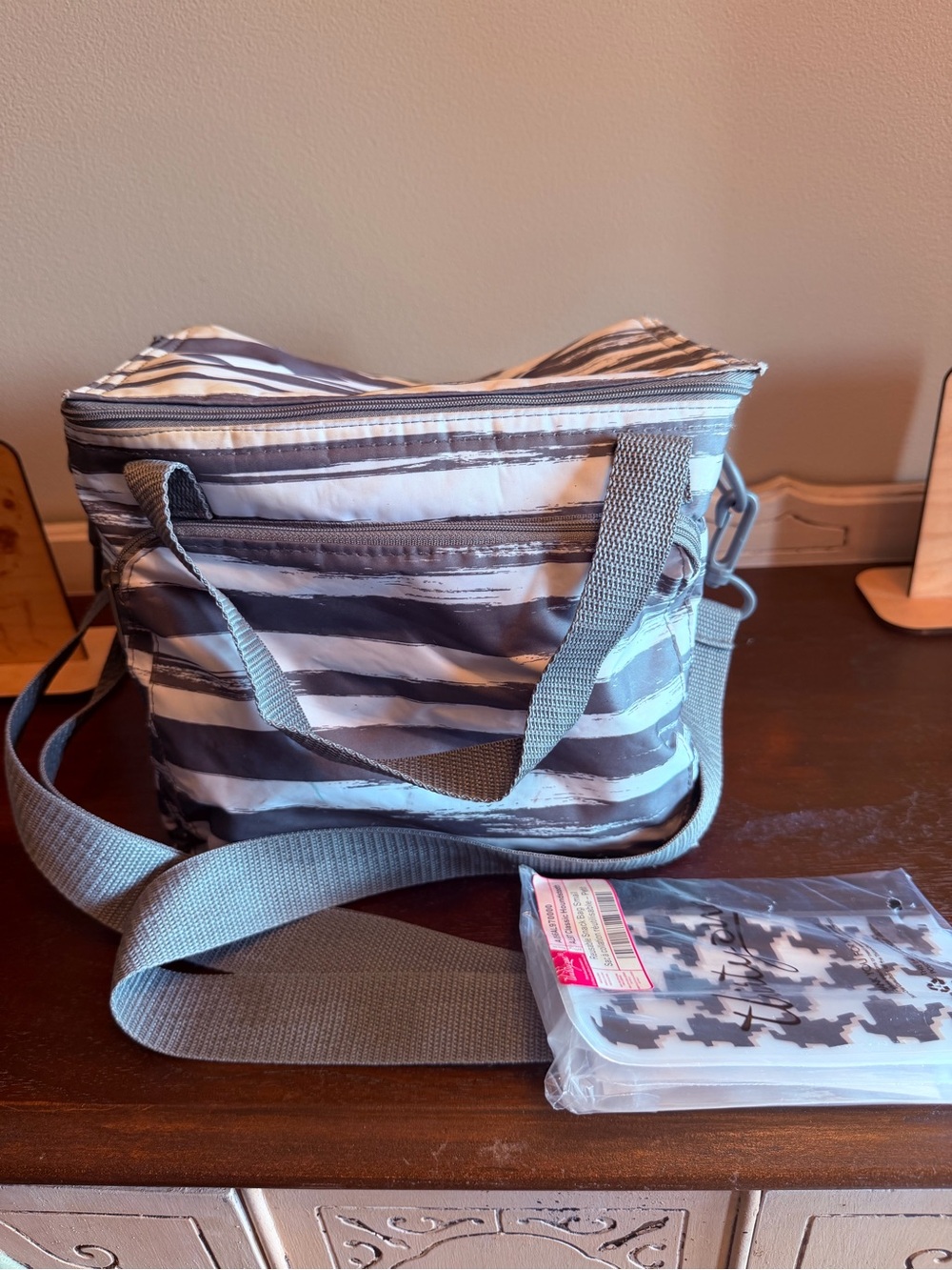 Striped Gray Cooler Bag with Adjustable Strap and Clear Snack Pouch